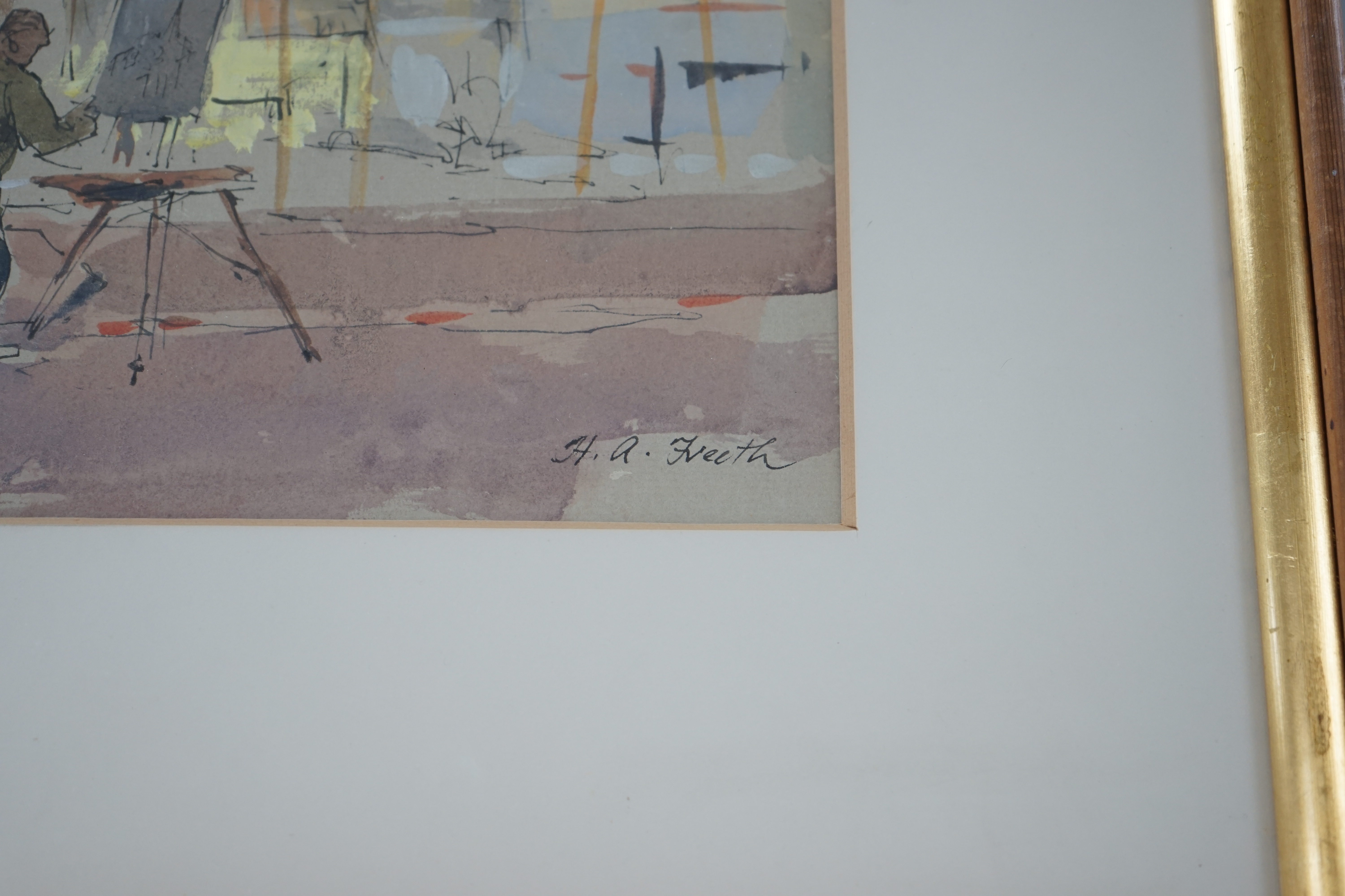 Hubert Andrew Freeth RA (1912-1986), ink & watercolour, ‘Artist at Honfleur’, signed, 27 x 41cm. Condition - fair